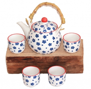 270 Asia Teeset Teeservice Teekanne Tassen 5 tlg weiss blau Blumen Kinder Ruka