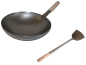 Preview: Wok Set Pfanne 36cm Ø runder Boden + Spatel + Ring Gas Induktionsmulde Carbon Stahl Edelstahl Holzgriff AAF Nommel®