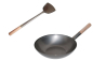 Preview: Wok Set Pfanne 36 cmØ flacher Boden + Spatel Gasherd Induktion Elektro Ceran Carbon Stahl Edelstahl Holzgriff AAF Nommel ®
