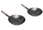 Preview: Wok Set Pfanne 36 + 38cm Ø flacher Boden Gas Elektro Induktion Ceran Carbon Stahl Holzgriff AAF Nommel®