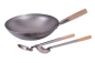 Preview: Wok Set Pfanne 36cm Ø runder Boden + Kelle + Spatel Gas Induktionsmulde Carbon Stahl  Edelstahl Holzgriff AAF Nommel®