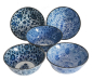 Preview: 5 Stk Set Japan Reisschalen Matcha Dessert Suppe Müsli Porzellan blau Ø 15 cm, nr 70