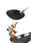 Preview: Wok Pfanne 30 cm Ø Eingebrannt rund Boden Carbon Stahl Holzgriff Gas Herd Grill