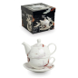 Preview: 015 Tea for one Set Tee Teekanne Tasse Unterteller Porzellen Kranich weiss rosa