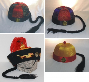 China Kappe mit Zopf rot schwarz Mütze Fashing Karneval Kaiser Prinz
