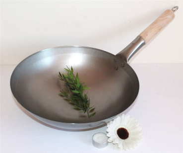 Wok Pfanne 33 cm Ø China Gastronomie rund Boden Carbon Stahl Holzgriff zum Aufhängen Gas Herd Grill