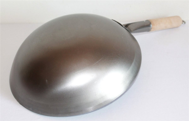 Wok Pfanne 33 cm Ø China Gastronomie rund Boden Carbon Stahl Holzgriff zum Aufhängen Gas Herd Grill