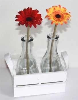 2'er Set Vase 1 Blume Glas Flasche Holz Kiste Blumen weiß 005 Geschenk