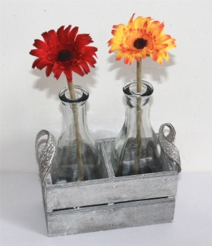 2'er Set Vase 1 Blume Glas Flasche Holz Kiste Blumen grau 004 Geschenk