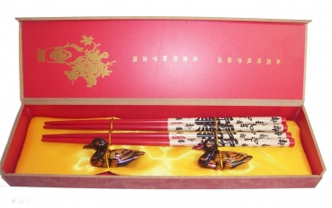 002 Chopsticks 2 Paar Stäbchen Eßstäbchen Bänkchen Holz Essstäbchen Ente rot