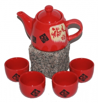 005 Teeset 5 tlg. Teeservice Teekanne Teetasse Keramik rot Asia China