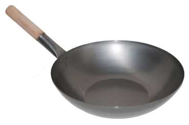 Wok Set Pfanne 36 cmØ flacher Boden + Spatel Gasherd Induktion Elektro Ceran Carbon Stahl Edelstahl Holzgriff AAF Nommel ®