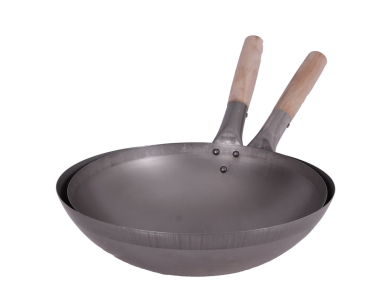 Wok Set Pfanne 33 + 35cm Ø runder Boden Gas Induktionsmulde Carbon Stahl Holzgriff AAF Nommel®