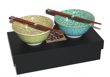 76 Reis Suppen Nudel Matcha Sushi Schale 2er Set grün türkis +Essstäbchen Japan ø 14,5 cm
