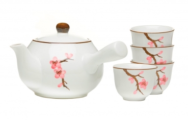 Teeset 5 tlg Tee Service japanisch Teekanne Kyusu Teebecher Sakura Keramik Teeservice