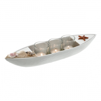 Teelichthalter Windlicht Tablett Set Boot Form 3 Glas Kerzenhaltern Muscheln Deko Geschenkset Holz 40 cm