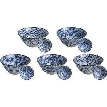 Preview: 71, 5 Stk Set Japan Reisschalen Matcha Dessert Suppe Müsli Porzellan blau Ø 13 cm 