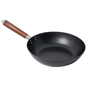 Preview: Wok Pfanne 30 cm Ø Eingebrannt Carbon Stahl flacher Boden Gas Induktion Ceran Elektro