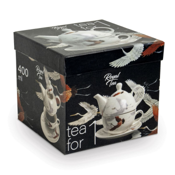 015 Tea for one Set Tee Teekanne Tasse Unterteller Porzellen Kranich weiss rosa