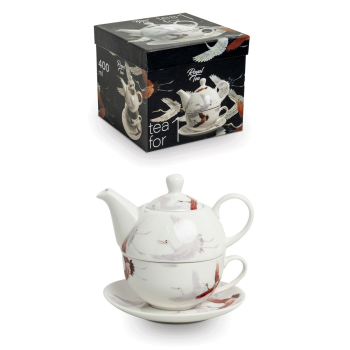 015 Tea for one Set Tee Teekanne Tasse Unterteller Porzellen Kranich weiss rosa