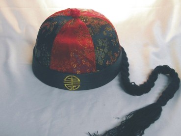 Preview: China Kappe mit Zopf rot schwarz Mütze Fashing Karneval Kaiser Prinz