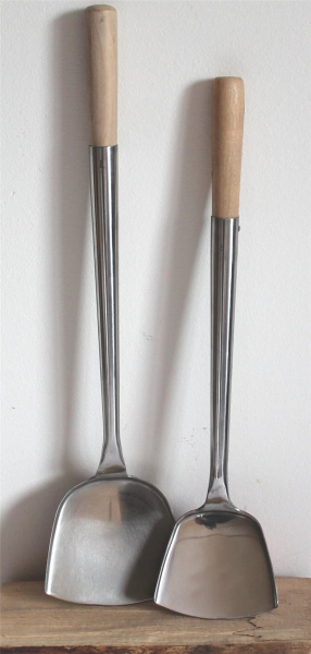 06 Wokwender 2er Set flach Schöpflöffel Pfannenwender Wok Spatel Edelstahl
