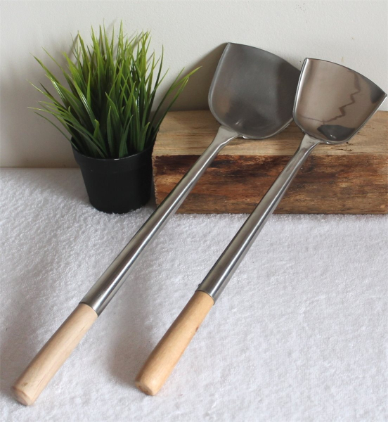 06 Wokwender 2er Set flach Schöpflöffel Pfannenwender Wok Spatel Edelstahl
