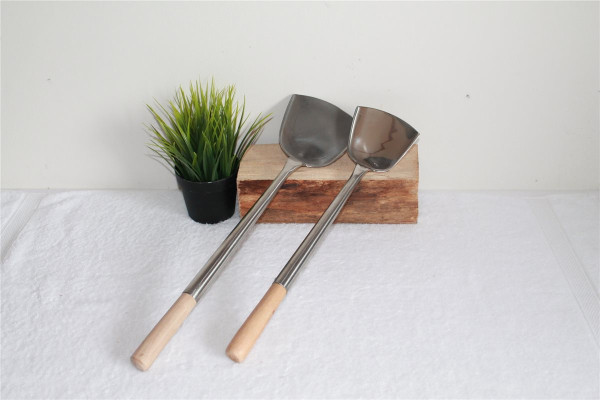 06 Wokwender 2er Set flach Schöpflöffel Pfannenwender Wok Spatel Edelstahl