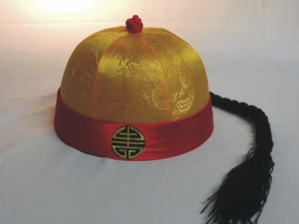 China Kappe mit Zopf rot schwarz Mütze Fashing Karneval Kaiser Prinz