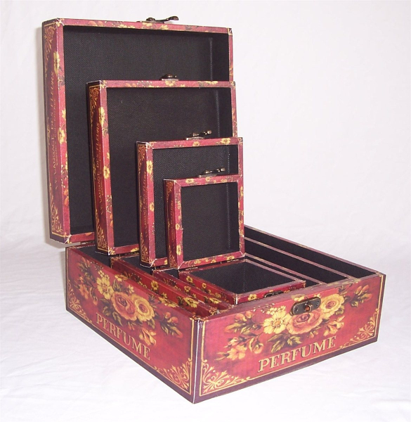 439 Massivholz Box 4er Set  mit Leinenoptik Schatzkiste Holzkiste Holzbox