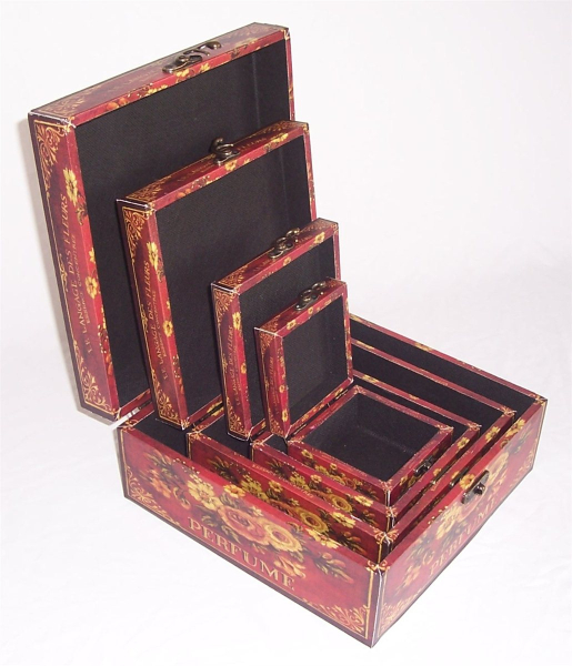 439 Massivholz Box 4er Set  mit Leinenoptik Schatzkiste Holzkiste Holzbox