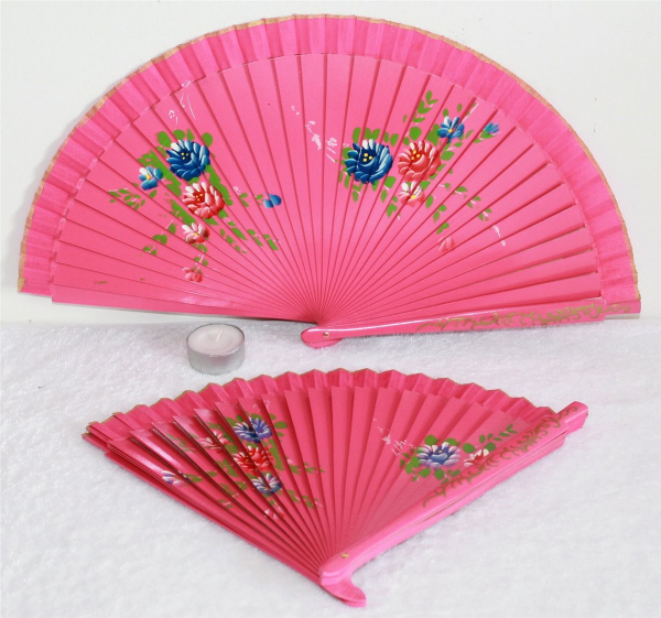 701, 1 Stk Fächer Sommerfächer Hand Deko Wind Bambus Holz Blumen pink Asia