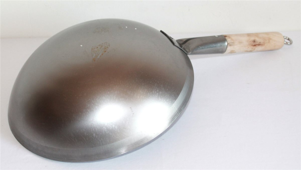 Wok Pfanne 30 cm Ø China Gastronomie rund Boden Carbon Stahl Holzgriff Gas Herd Grill