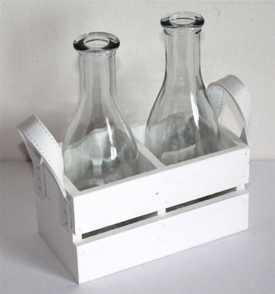2'er Set Vase 1 Blume Glas Flasche Holz Kiste Blumen weiß 005 Geschenk