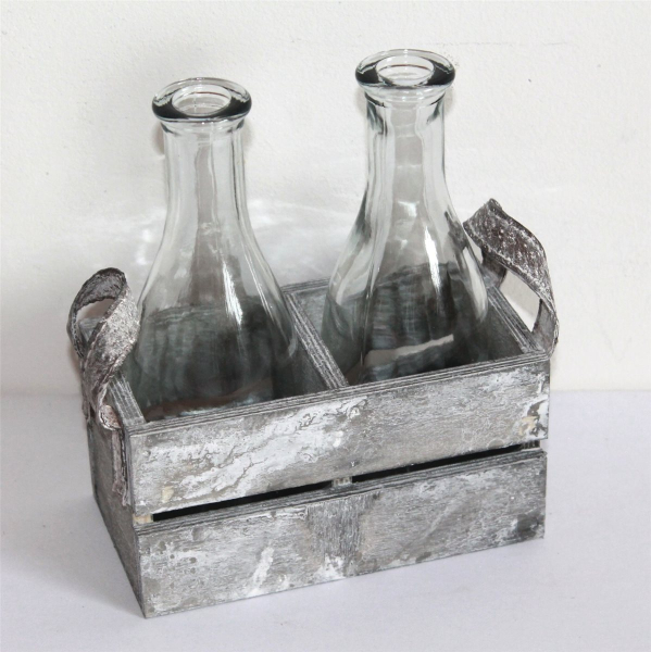 2'er Set Vase 1 Blume Glas Flasche Holz Kiste Blumen grau 004 Geschenk