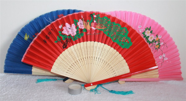 Fächer Sommer Taschenfächer Handfächer Bambus Holz rot blau rosa wasserfest