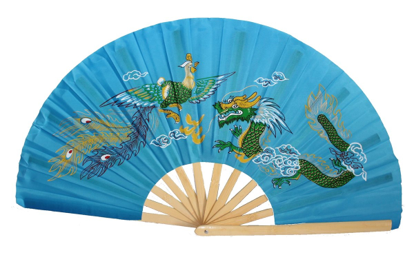 008 Tai Chi Kung Fu Asia Sport Tanz Deko Fächer Bambusstreben blau Drachen