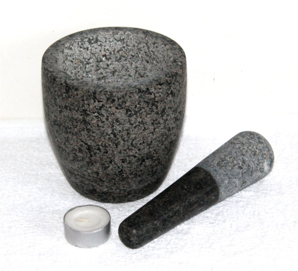 Stein Mörser mit Stößel Ø 12 cm H 12 cm, Stein Granit grau Nr. 001 Küche 