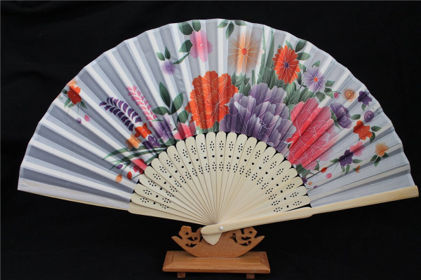 516, 1 Stk Sommer Hand Blumen Fächer Holz Stoff Hochzeit Sommerfächer