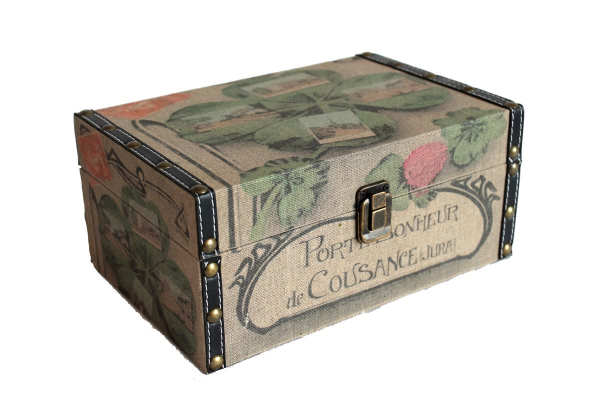 820 Holz Box Leinen Stoff Geschenke Kiste Truhe Schatz grün Glücksklee 27x18x12 cm