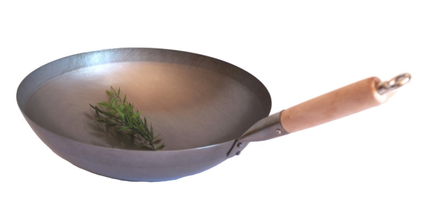Wok Pfanne 40 cm Ø China Gastronomie rund Boden Carbon Stahl Holzgriff zum Aufhängen Gas Herd Grill