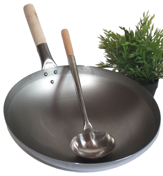 Wok Set Pfanne 38cm Ø runder Boden + Wok Kelle Gasherd Induktionsmulde carbon Stahl Edelstahl Holzgriff AAF Nommel ®