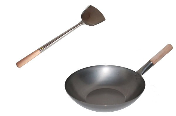Wok Set Pfanne 36 cmØ flacher Boden + Spatel Gasherd Induktion Elektro Ceran Carbon Stahl Edelstahl Holzgriff AAF Nommel ®