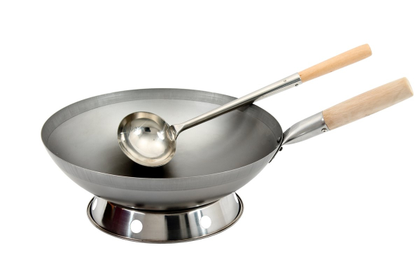 Wok Set Pfanne 38cm Ø runder Boden + Kelle + Ring Gas Induktion Mulde Carbon Stahl Edelstahl Holzgriff AAF Nommel®
