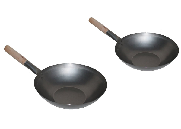 Wok Set Pfanne 36 + 38cm Ø flacher Boden Gas Elektro Induktion Ceran Carbon Stahl Holzgriff AAF Nommel®