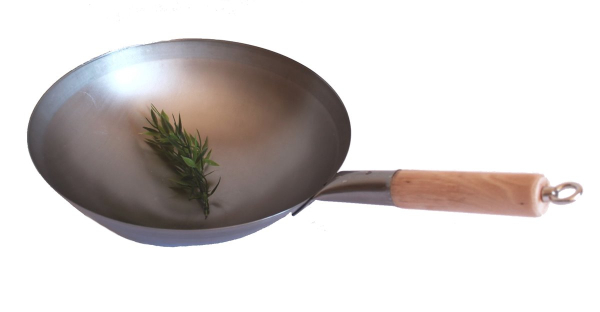 Wok Pfanne 33 cm Ø China Gastronomie rund Boden Carbon Stahl Holzgriff zum Aufhängen Gas Herd Grill
