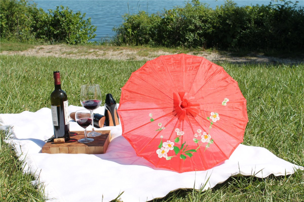 Sonnenschirm 011b Deko Schirm Ø 55 cm Kunstfaser rot Bambus Holz Bali Asia