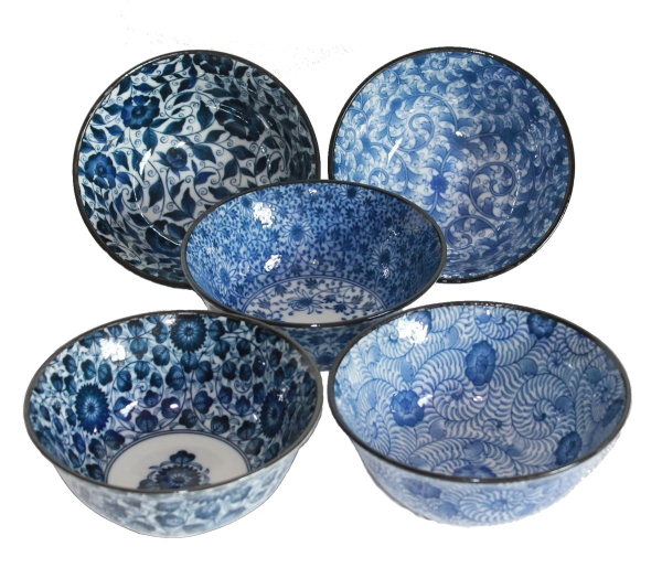 5 Stk Set Japan Reisschalen Matcha Dessert Suppe Müsli Porzellan blau Ø 15 cm, nr 70