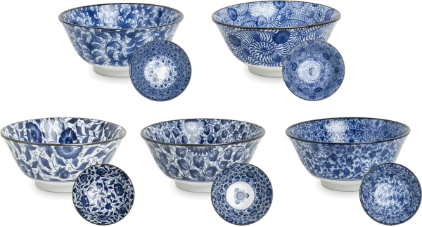 5 Stk Set Japan Reisschalen Matcha Dessert Suppe Müsli Porzellan blau Ø 15 cm, nr 70