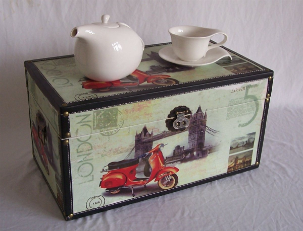 402 Holz Box Leinenoptik Truhe Schatzkiste London Holzkiste Geschenkbox 49x27x26 cm